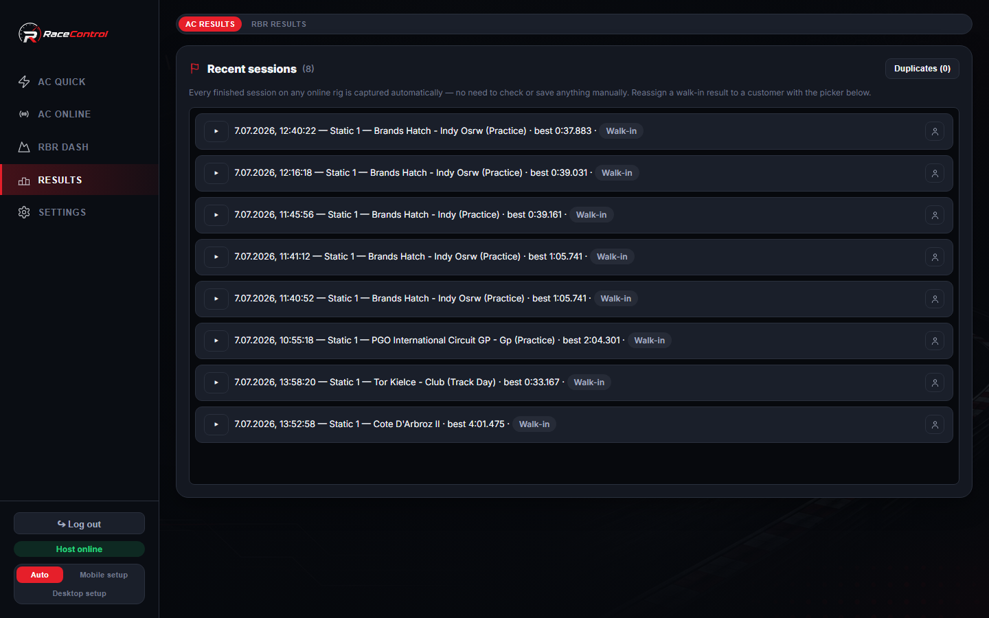 Results archive screen