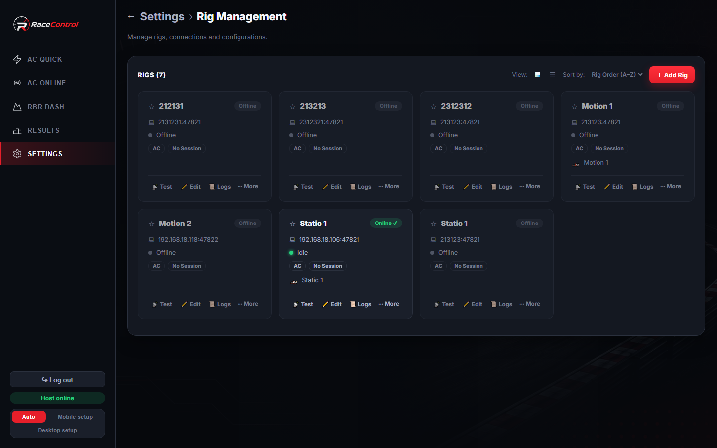 Rig management screen